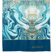 青モダン金ゴールド大理石海モノグラム名 シャワーカーテン (正面)