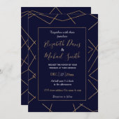 青モダン金ゴールド幾何学的ストロークデザイン 招待状 (正面/裏面)