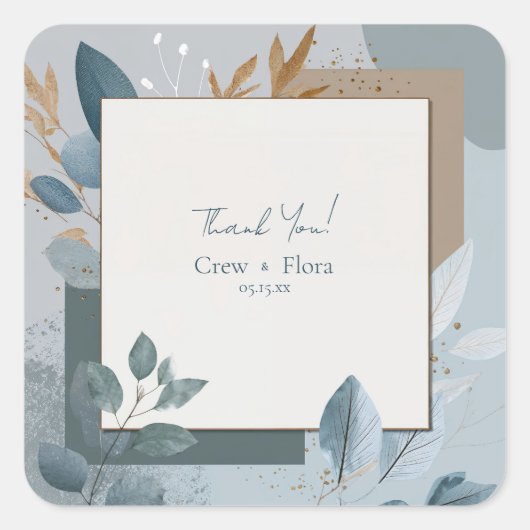 青モダン金ゴールド幾何植物学結婚院 スクエアシール (正面)
