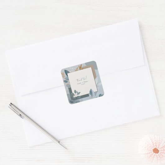 青モダン金ゴールド幾何植物学結婚院 スクエアシール (封筒)