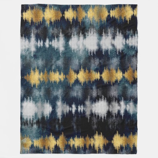 青モダン金ゴールド絵画絞り染め抽象芸術 フリースブランケット (正面)