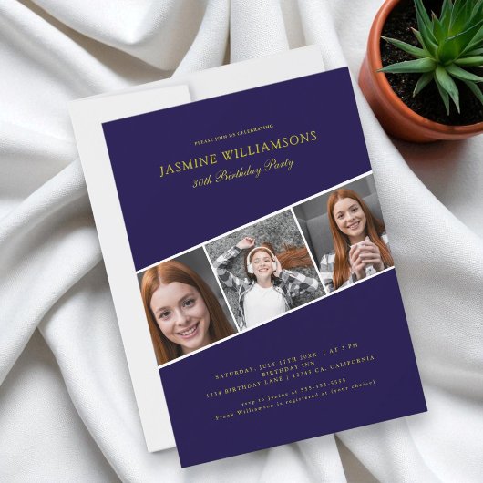 青モダン金ゴールド3枚フォトコラージュ誕生日 招待状