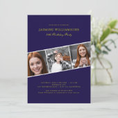 青モダン金ゴールド3枚フォトコラージュ誕生日 招待状 (スタンド正面)