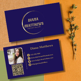 青モダン金ゴールド、QRコードプロフェッショナル写真 名刺