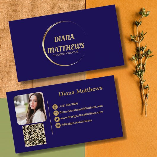 青モダン金ゴールド、QRコードプロフェッショナル写真 名刺