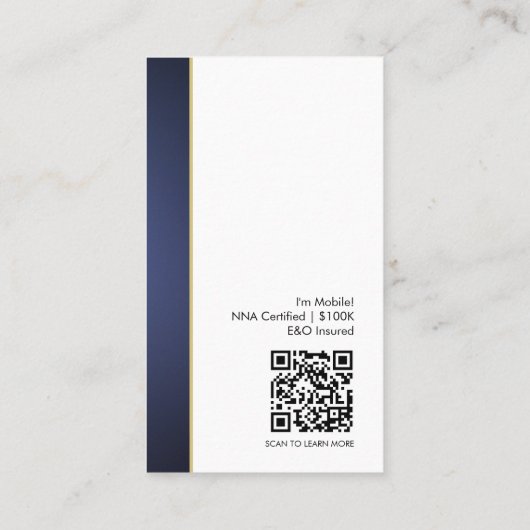 青モダン金ゴールドQRコードフォト公証人ロゴ 名刺 (裏面)