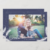 青モダン雪の松の針タイポグラフィ写真 シーズンカード (正面/裏面)