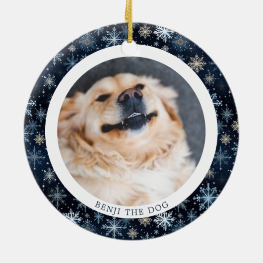 青モダン雪片ファミリークリスマス2写真 セラミックオーナメント (裏面)