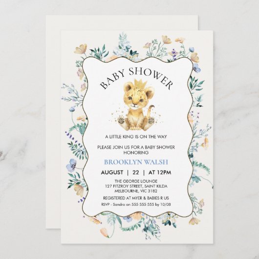 青モダン黄フローラライオン赤ちゃんシャワー 招待状 (正面/裏面)