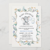 青モダン黄フローラ象ベビーシャワー 招待状 (正面/裏面)