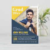 青モダン黄 |写真卒業パーティー 招待状 (スタンド正面)