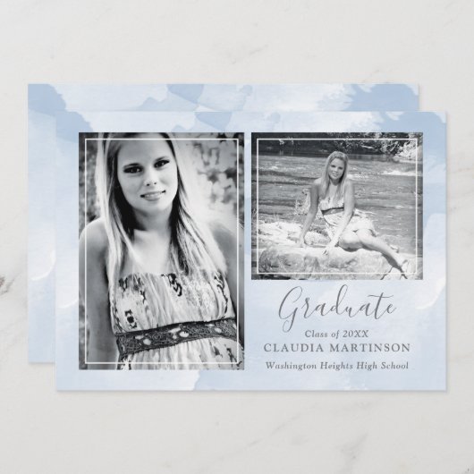 青モダン2枚の写真卒業 案内状 (正面/裏面)