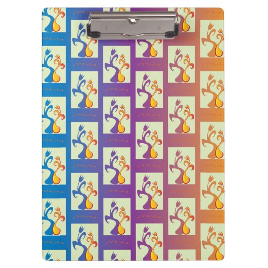 青モダン、紫、オレンジ色のチューリップカップルフローラ クリップボード (正面)