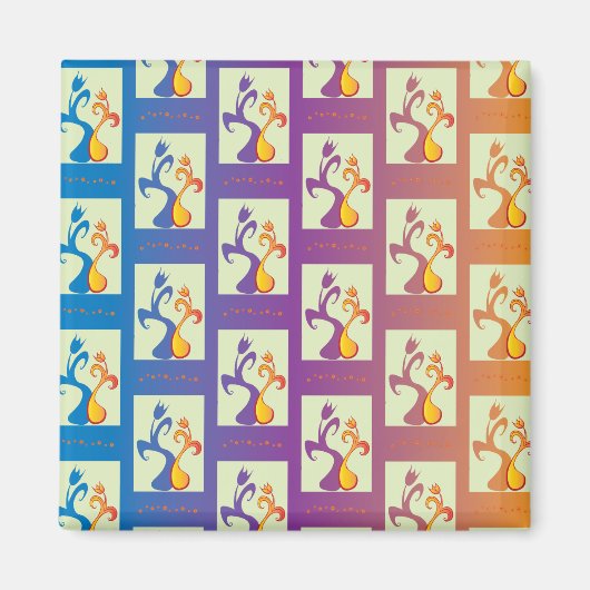 青モダン、紫、オレンジ色のチューリップカップルフローラ マグネット (正面)