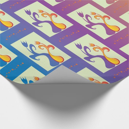 青モダン、紫、オレンジ色のチューリップカップルフローラ ラッピングペーパー (角)