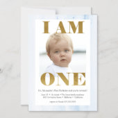 青モダン+金ゴールド写真1日目の誕生日 マグネット招待状 (正面)