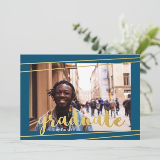 青モダン、金ゴールド、および白の大学院招待状 招待状 (スタンド正面)