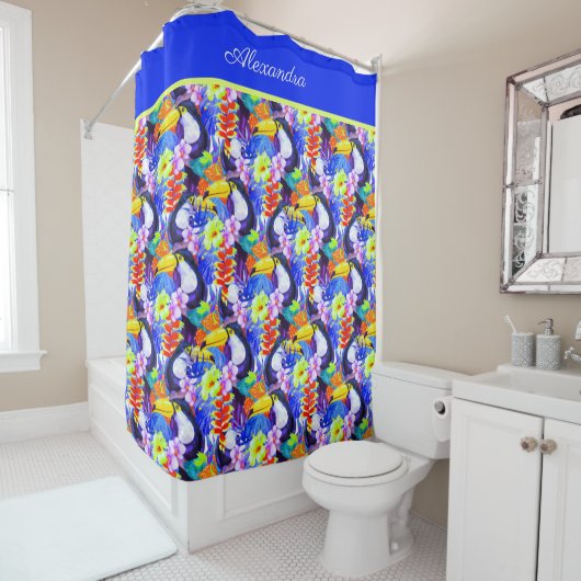 青モノグラムのいトウカンの熱帯花 シャワーカーテン (インサイチュ)