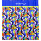 青モノグラムのいトウカンの熱帯花 シャワーカーテン (正面)