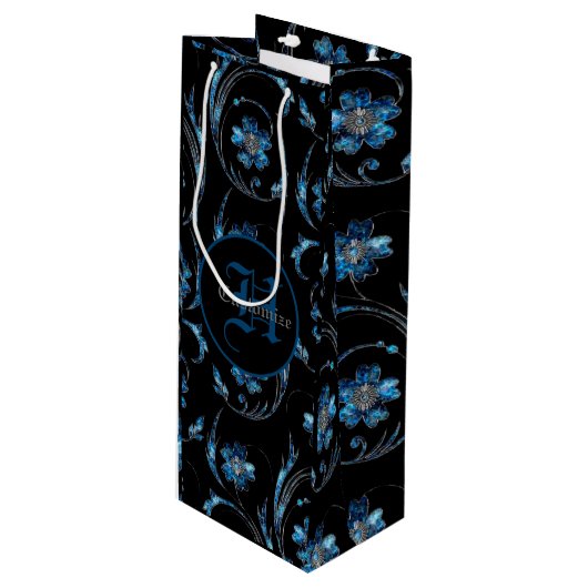 青モノグラムのきらめくフローラ2 ワインギフトバッグ (正面アングル)