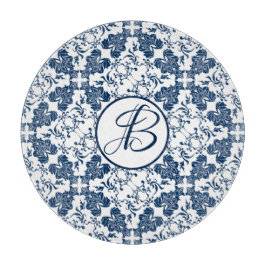 青モノグラムのと白の英語の田舎 カッティングボード