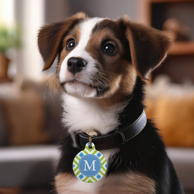 青モノグラムのと緑のイカットダイヤモンドパターン ペット　ネームタグ (クリエイターアップロード済み)