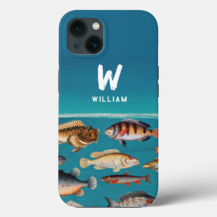 青モノグラムのカラフル海下の魚 iPhone 13ケース