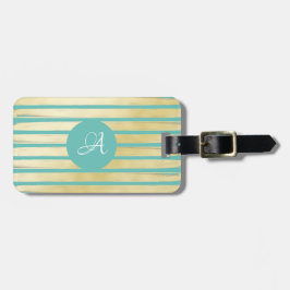 青モノグラムのターコイズ金ゴールド絵を描箔 ストライプの ラゲッジタグ