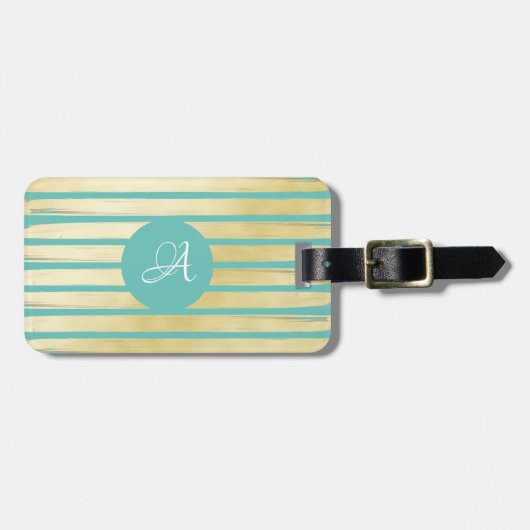 青モノグラムのターコイズ金ゴールド絵を描箔 ストライプの ラゲッジタグ (正面横)