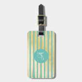 青モノグラムのターコイズ金ゴールド絵を描箔 ストライプの ラゲッジタグ (正面縦)