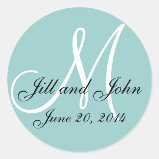 青モノグラムのラベルを結婚保存する ラウンドシール (正面)