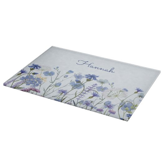 青モノグラムの水色ワイルドフラワーフローラ カッティングボード (角)