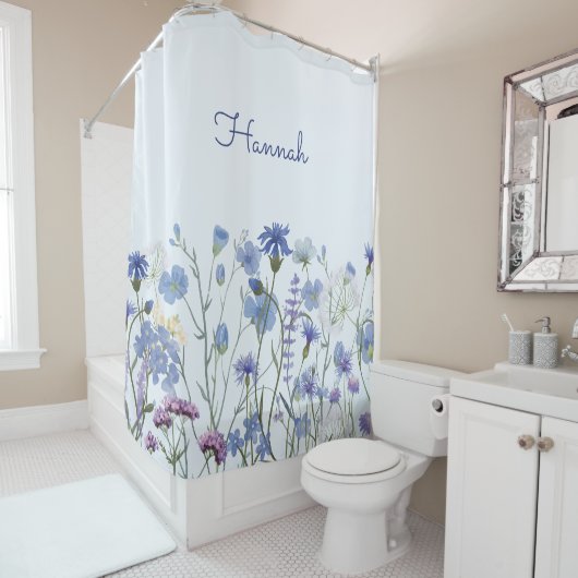 青モノグラムの水色ワイルドフラワー子供部屋 シャワーカーテン (インサイチュ)