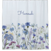 青モノグラムの水色ワイルドフラワー子供部屋 シャワーカーテン (正面)