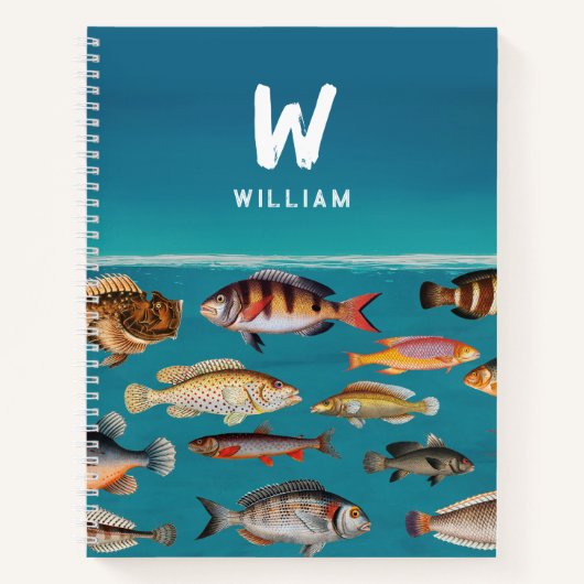 青モノグラムの海下の魚 ノートブック (正面)