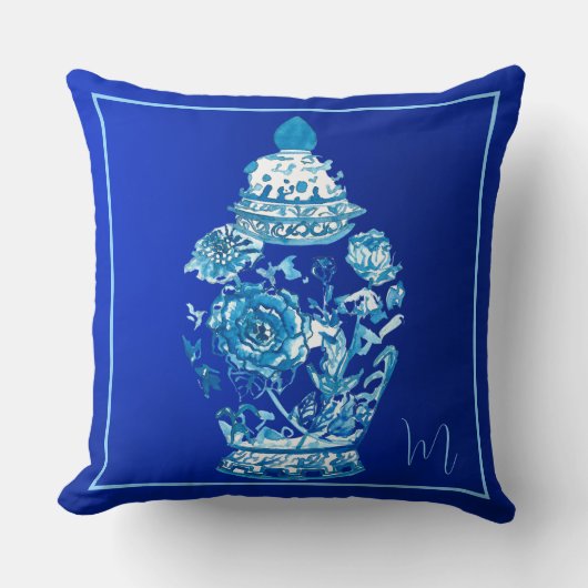 青モノグラムの白エレガント生姜 クッション (正面)