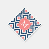 青モノグラムの色と珊瑚イカット模様 スタンダードカクテルナプキン (角)