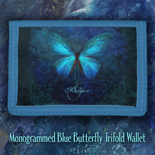 青モノグラムの蝶 ナイロン三つ折りウォレット