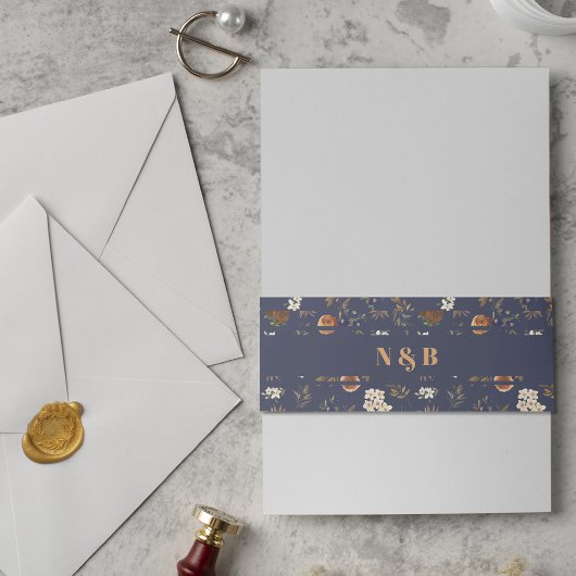 青モノグラムの錆フローラ結婚ズ 招待状ベリーバンド