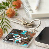 青モノグラムの、茶色、黒の抽象芸術アート キーホルダー (正面右)