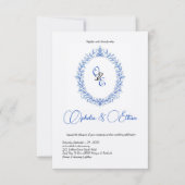 青モノグラムビクトリアンフローラクレスト 招待状 (正面)