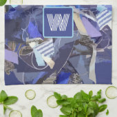 青モノグラム白グレー抽象芸術航海のストライプ キッチンタオル (折り畳み)