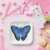 青モルフォ蝶の水の色絵画の ペーパープレート (パーティー)