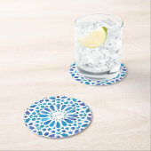 青モロッコタイルイニシャル結婚のロゴ ラウンドペーパーコースター (インサイチュ)