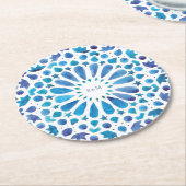 青モロッコタイルイニシャル結婚のロゴ ラウンドペーパーコースター (アングル)