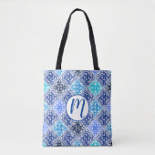 青モロッコ絵を描タイルのパターン トートバッグ (正面)