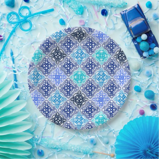青モロッコ絵を描タイルのパターン ペーパープレート (パーティー)