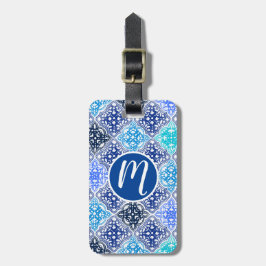 青モロッコ絵を描タイルのパターン ラゲッジタグ