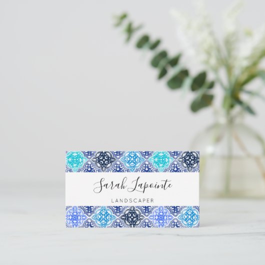 青モロッコ絵を描タイルのパターン 名刺 (スタンド正面)