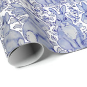 青ユニークウサギフローラ動物パターン ラッピングペーパー (ロールコーナー)